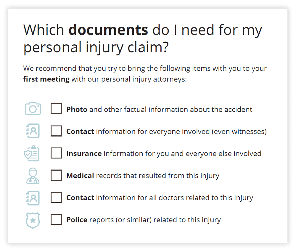 Personal injury case checklist featuring 6 items to bring to 1st appointment with attorney